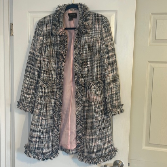 Navy, grey, white and pink lined long coat, fringe detail size 10 - Picture 1 of 4